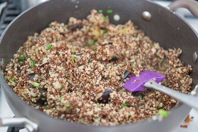 Cooked Tri-Color Quinoa Stirred Into Eggplant In Pan