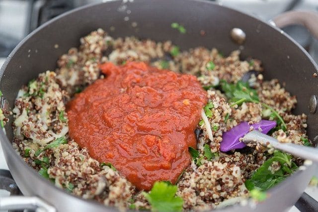 Pile of Marinara Sauce On Quinoa Eggplant Stuffing Mixture