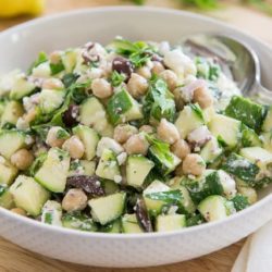 Zucchini Salad With Raw Zucchini Chunks, Chickpeas, and Olives in Bowl