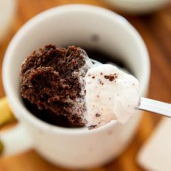 Chocolate Mug Cake Overhead View with Spoonful and Scoop of Vanilla Ice Cream