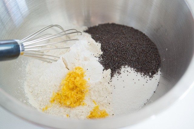 Flour, Leavening, Lemon Zest, and Poppy Seeds in bowl