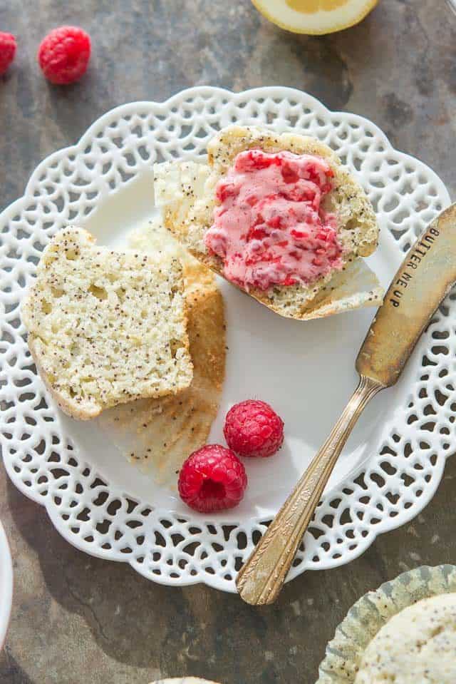 Lemon Poppy Muffin Cut In Half with Raspberry Butter