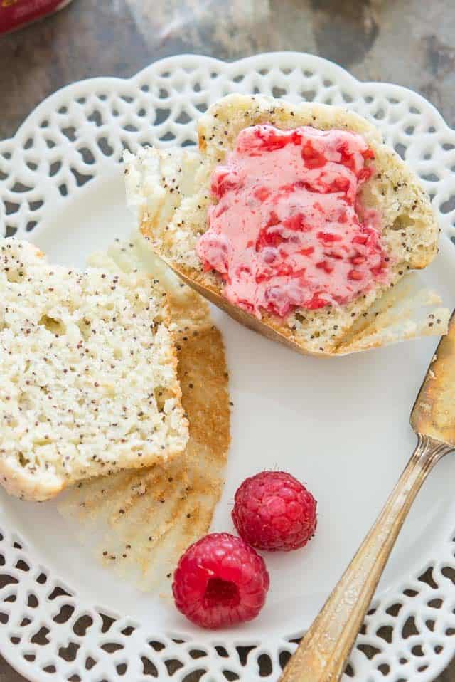 Raspberry Butter Spread on Muffin Half