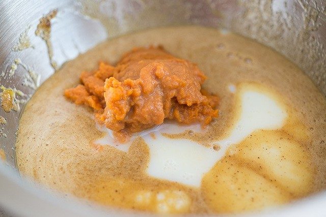 Pumpkin Puree and Milk added to Donut Batter