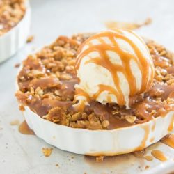 Caramel Apple Crisp with a Scoop of Vanilla Ice Cream and Caramel Drizzle