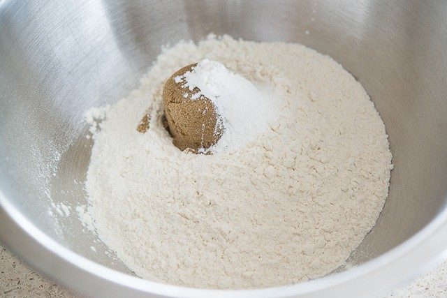 Flour, Leavener, and Brown Sugar in Stainless Bowl