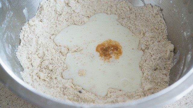 Buttermilk and Vanilla in Well in Center of Dry Ingredients