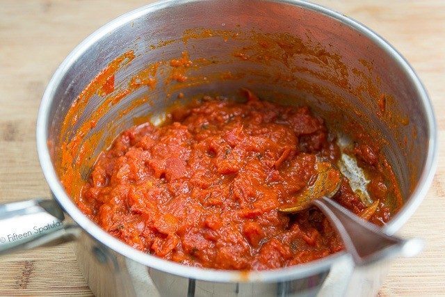 Marcella Hazan Tomato Sauce in a Saucepan with Spoon