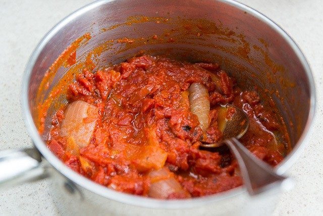 A close up of cooked tomato sauce from scratch