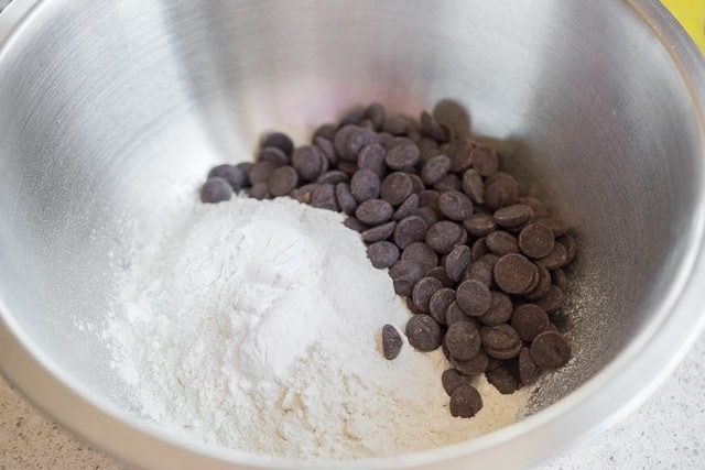 Flour, Leavening, and Chocolate Chips in Mixing Bowl