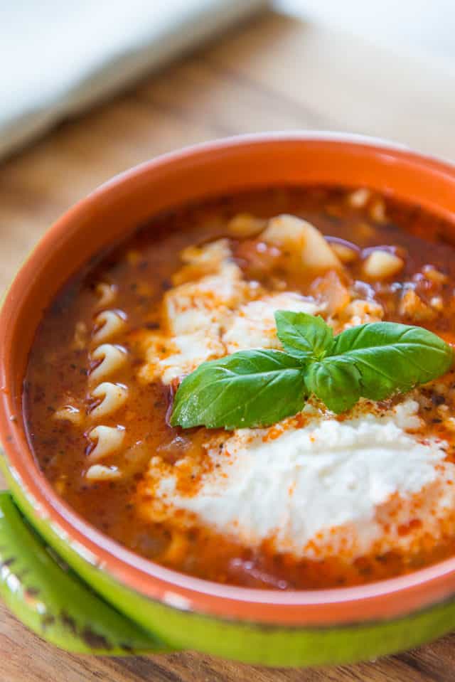 Close Up Of Lasagna Soup With Noodles and Cheese
