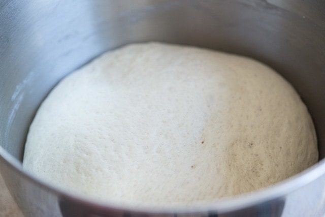 Risen Pizza Dough in Mixing Bowl
