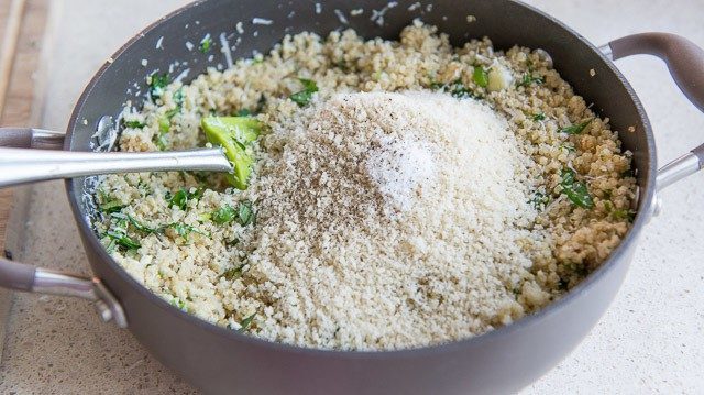 Bread Crumbs and Seasoning Added to Quinoa Filling in Pan