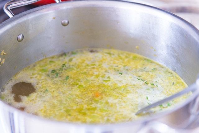 Simmering Pot of Chicken Soup with Spoon