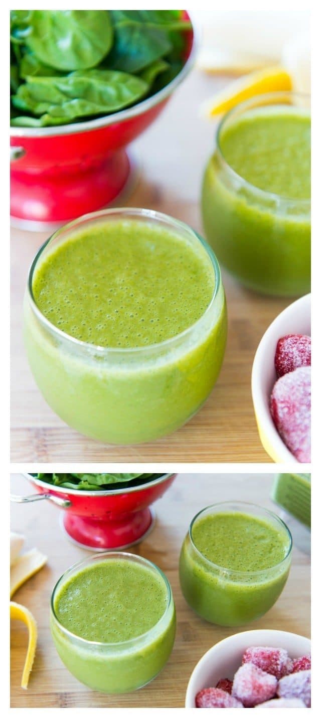 Photo Collage of Green Smoothies with Spinach and Strawberries on Wooden Board