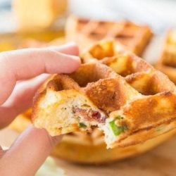 Bacon Cheddar Waffles - With Bite Taken to Show Interior