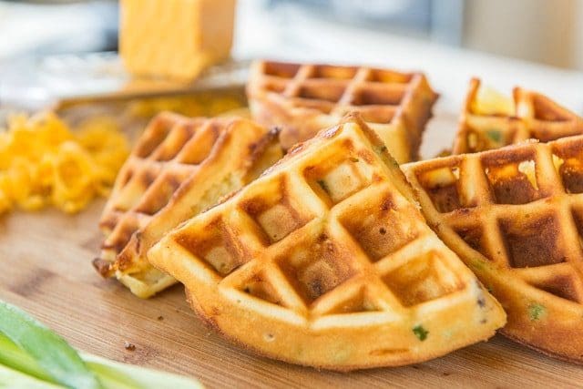 Savory Waffle Recipe - On Cutting Board with Green Onion and Bacon