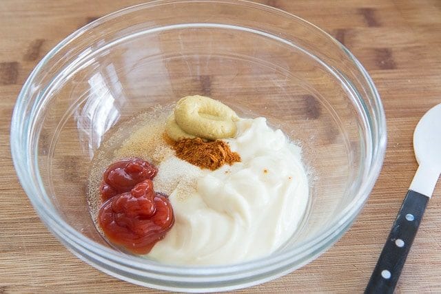 Mayonnaise, Ketchup, Mustard, Spices in a bowl