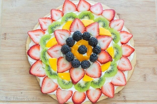 Fruit Pizza Design with Strawberry Slices, Blackberries, and Kiwi