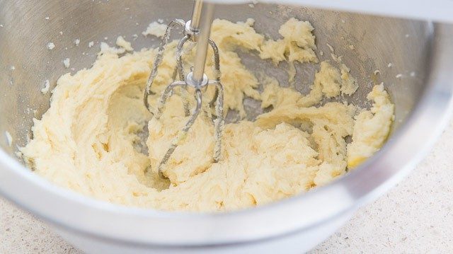 Beaten Butter, Vanilla, and Egg in mixing Bowl