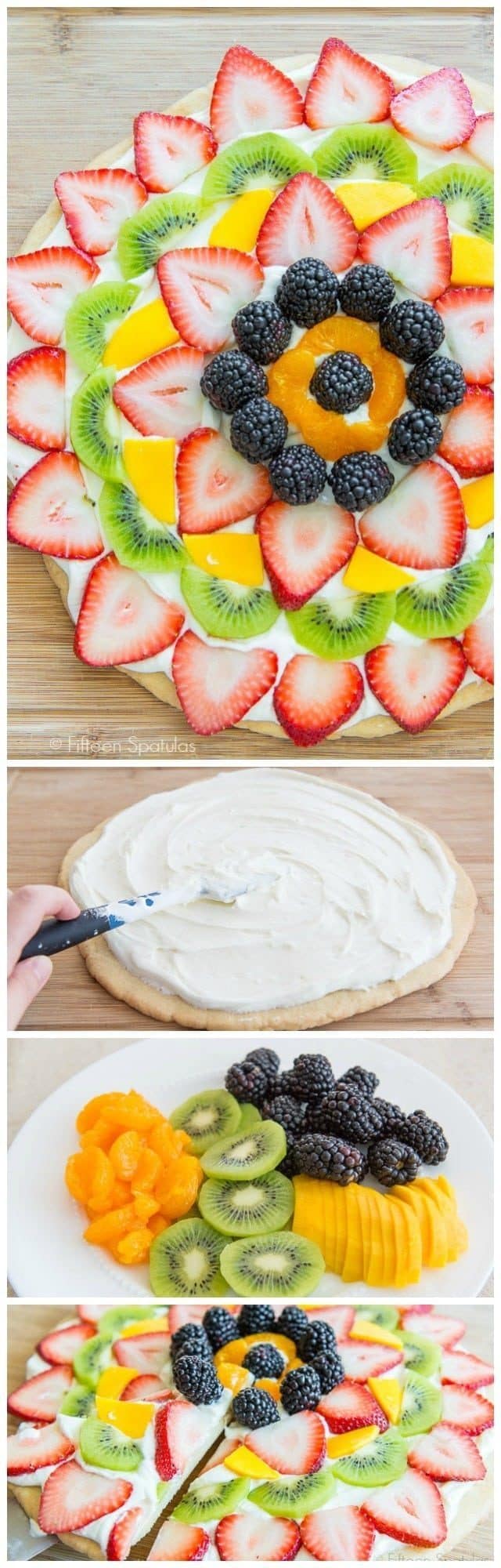 This Easy Fruit Pizza recipe has a sugar cookie crust, marshmallow cream cheese frosting, and rows of freshly cut fruit. Perfect for parties, entertaining, and for kids!