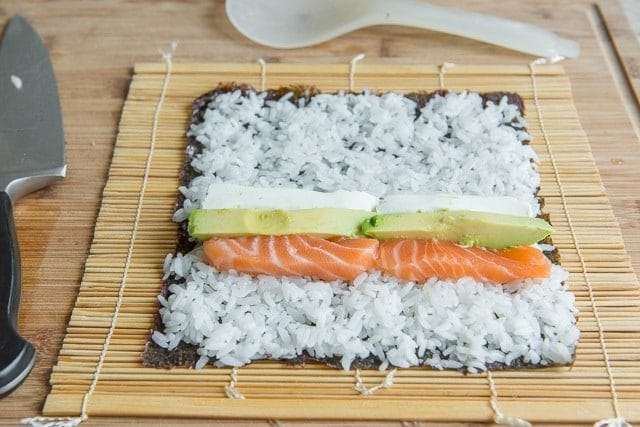 Sushi Ingredients - Laid on Seaweed Sheet with Salmon, Avocado, and Cream Cheese