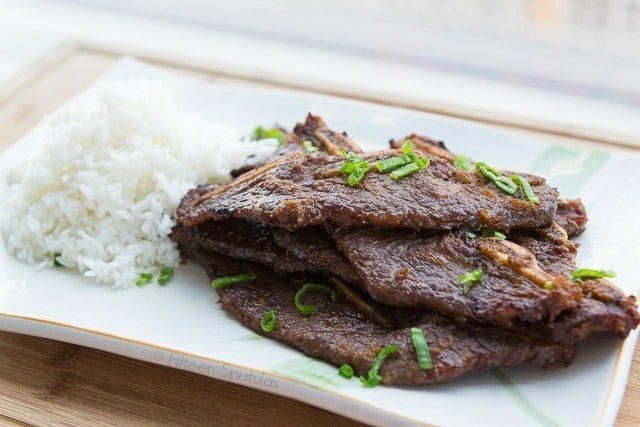 Kalbi Meat Served on Platter with Green Onion and Rice