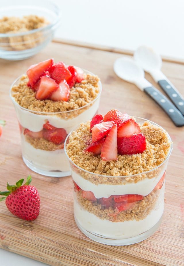 Strawberry Parfait - in glasses with Fresh Strawberries, Cheesecake Layers, and Graham Crackers