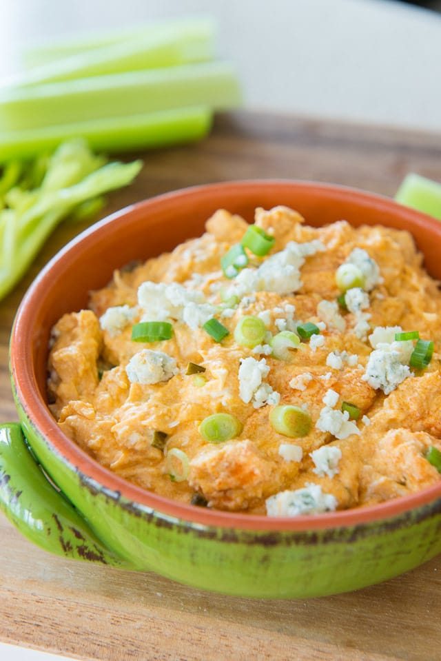 Crockpot Buffalo Chicken Dip - Topped with Blue Cheese and Green Onion