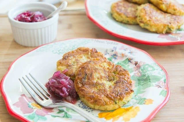 Chickpea Zucchini Patties - On Plate with Red Onion Marmalade