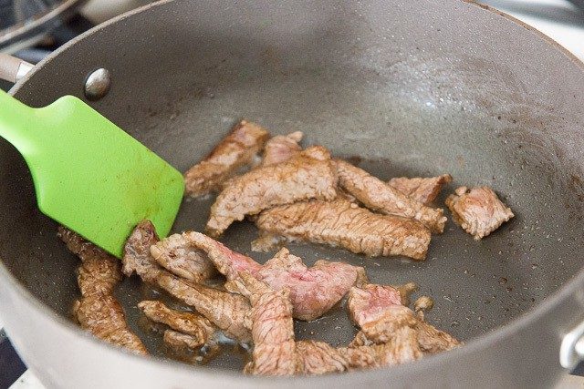 Strips of Beef Stir Frying in Nonstick Skillet