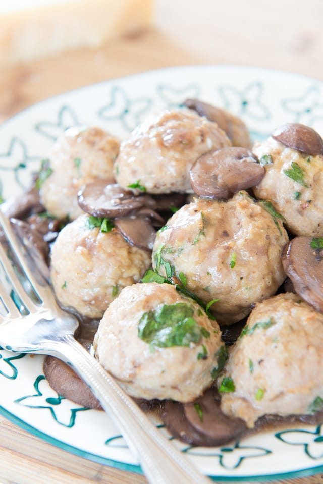 Turkey Meatballs on a Plate with Mushrooms and Herbs