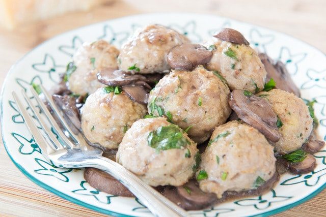 Healthy Turkey Meatballs on a Plate with Mushroom Sauce