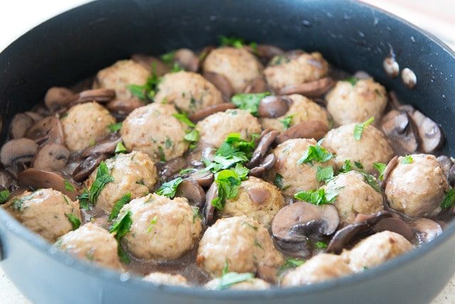 Baked Turkey Meatballs - in a Skillet with Mushroom Sauce and Parsley