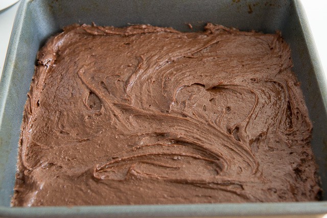 Brownie Batter Spread in Metal Baking Pan