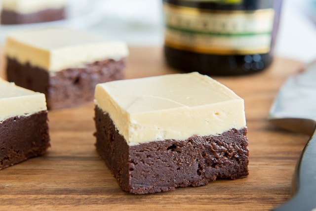 Irish Cream Brownies on Wooden Board with White Chocolate Buttercream