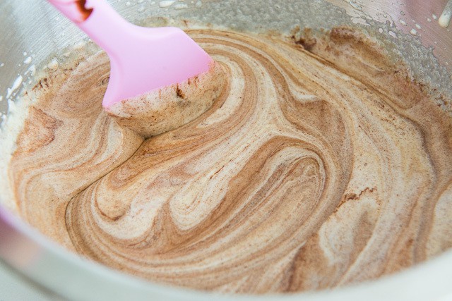 Swirled Cocoa and Egg Mixture in Mixing Bowl