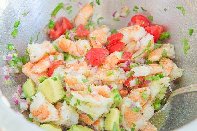 Shrimp and Avocado in Bowl with Tomatoes in Bowl