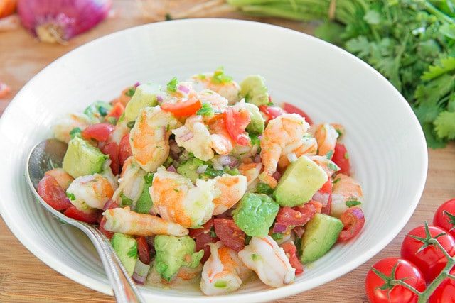 Shrimp and Avocado Salad - in White Bowl with Tomatoes and Jalapeno