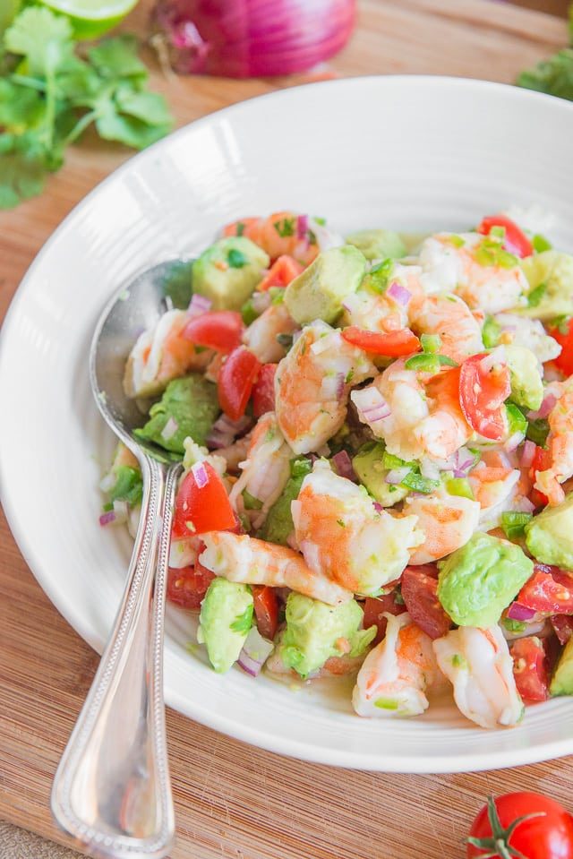 Shrimp Avocado Salad - In White Bowl with Spoon