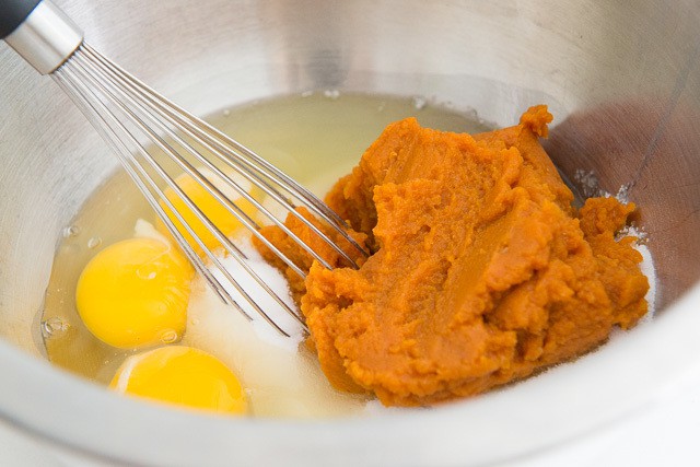 Eggs, Sugar, and Pumpkin Puree in a Mixing Bowl