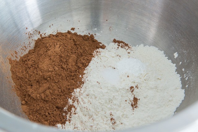 Cocoa Powder, Flour, Leavener, and Salt in Mixing Bowl