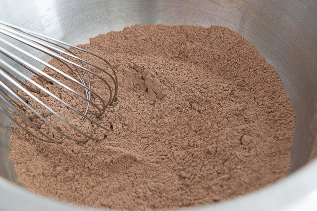Mixed Cocoa Powder Flour Mixture in Bowl with Whisk