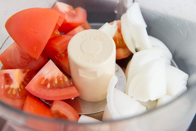 Onions and Tomatoes in Food Processor Bowl