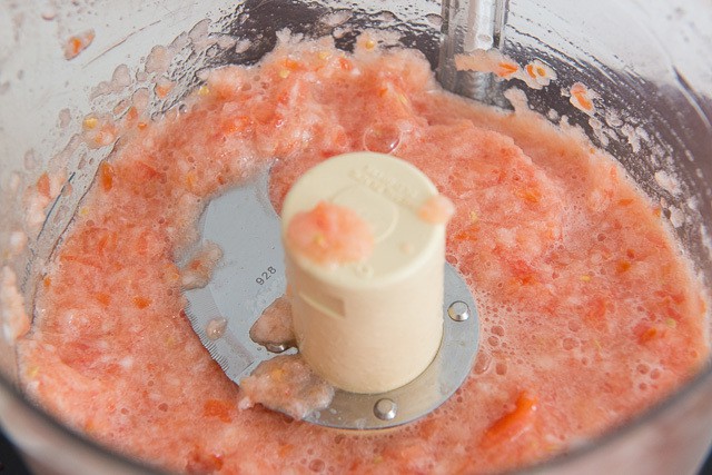 Pureed Tomato and Onion in Food Processor bowl