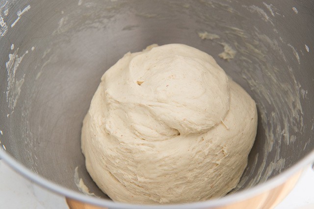 Ball of Pizza Knot Dough in Stand Mixer Bowl