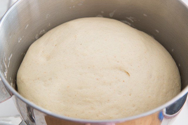 Risen and Puffed Pizza Knot Dough in Stand Mixer Bowl