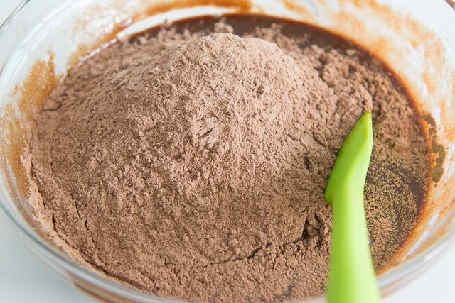 Cocoa Flour Mixture On Top of Wet Ingredient Base