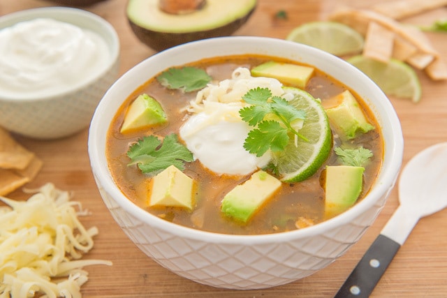 White Bean Chicken Chili in Bowl with Avocado
