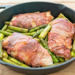Prosciutto Wrapped Chicken and Asparagus in Cast Iron Skillet